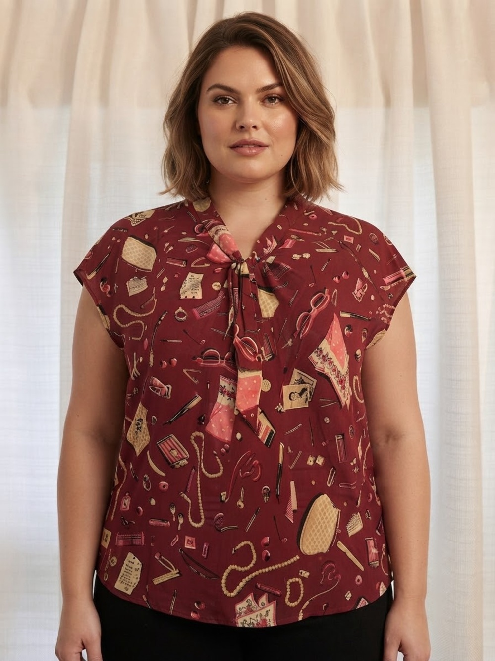 Talbots Burgundy Printed Tie-Neck Cap Sleeve Silk Blouse with Feminine Design